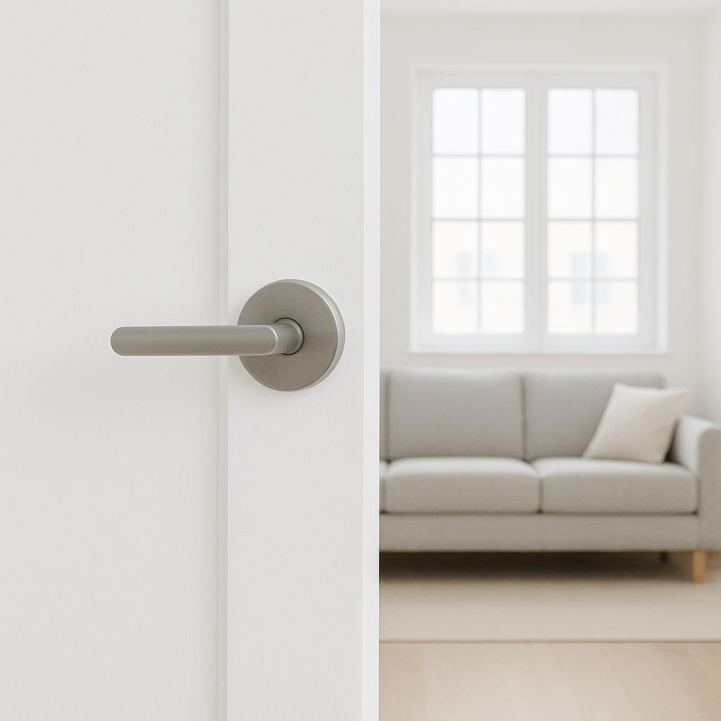 Partially open white interior door revealing a bright living room with a sofa and large windows.
